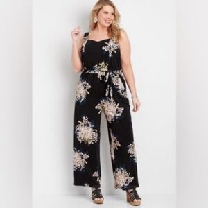 ✨Maurices Black Floral Wide Leg Jumpsuit Smocked Bodice Sleeveless  Plus Sz 2 2x